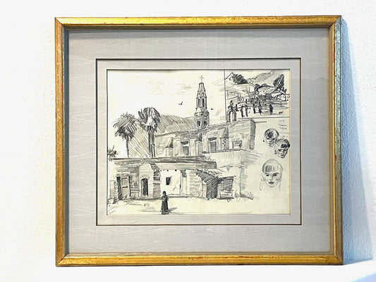 Leonard Scheu Impressionist Architectural and Figure Signed Pencil Drawing