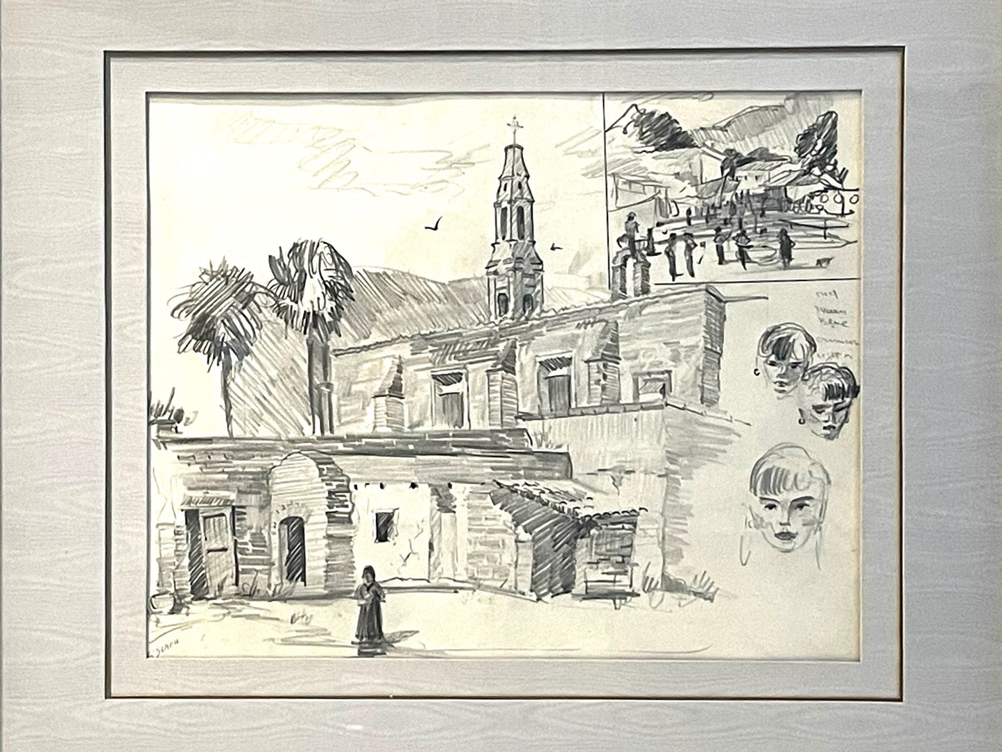 Leonard Scheu Impressionist Architectural and Figure Signed Pencil Drawing