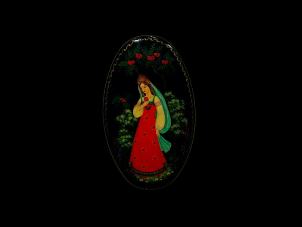 Folk Art Hand Painted Portrait Oval Toleware Metal Box