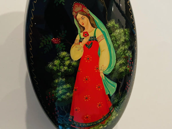 Folk Art Hand Painted Portrait Oval Toleware Metal Box