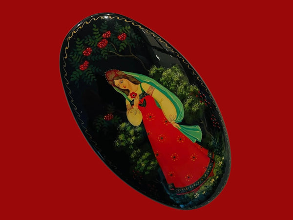 Folk Art Hand Painted Portrait Oval Toleware Metal Box