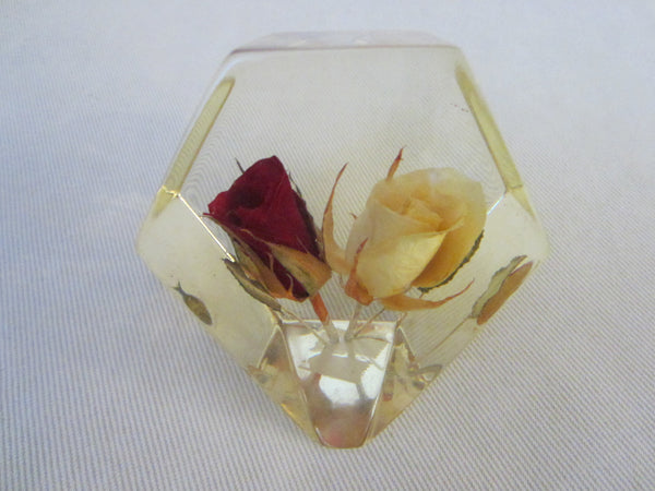 Post Modern Paperweight Geometric Lucite Encased Roses