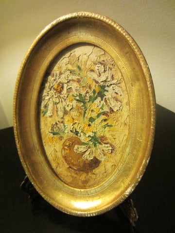 Still Life Flowers Oil On Board Oval Gilt Frame