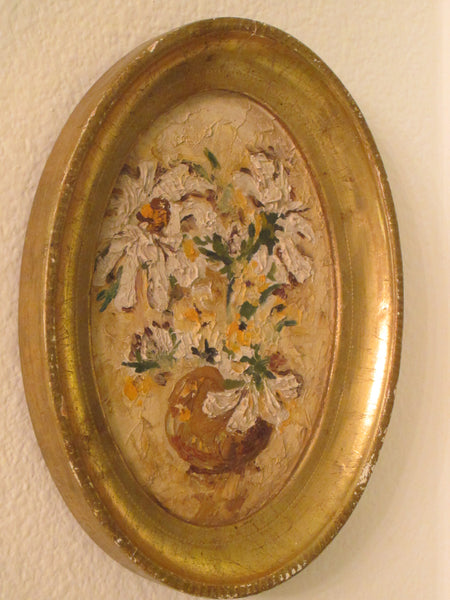 Still Life Flowers Oil On Board Painting Oval Gilt Frame