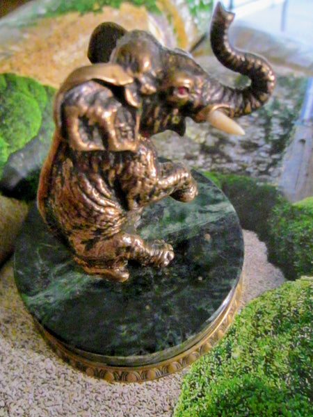 Sterling Gilded Elephant On Green Marble Base Ruby Eyes