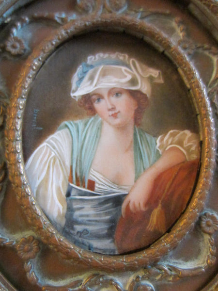 Victorian Bronze Hand Held Mirror Case Signed Desval Portrait Painting