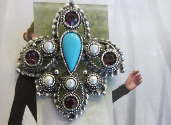 Sarah Cov Maltese Brooch Turquoise Tear Drop Cabochon Gems