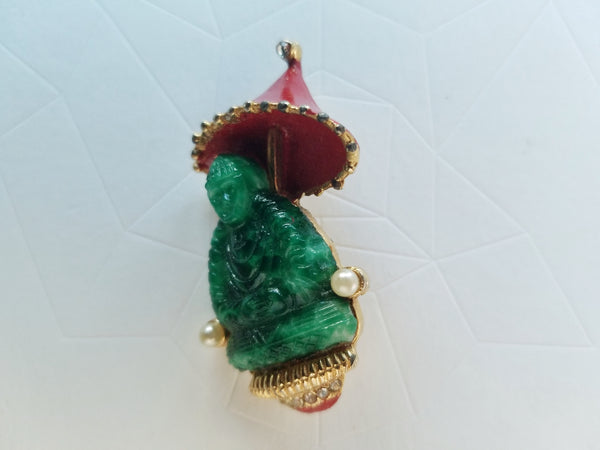 Green Jade Buddha Brooch Incorporated Pearls Crystals Gems