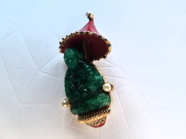 Green Jade Buddha Brooch Incorporated Pearls Crystals Gems