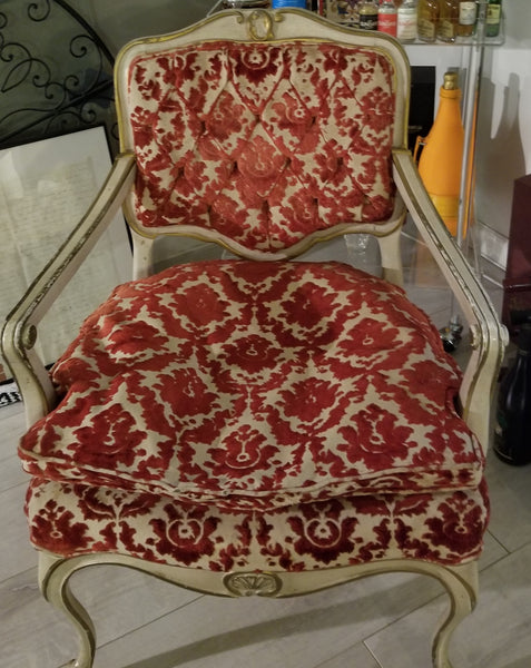 Hibriten French Arm Chair Red Granades Motif Applique Velvet Upholstery