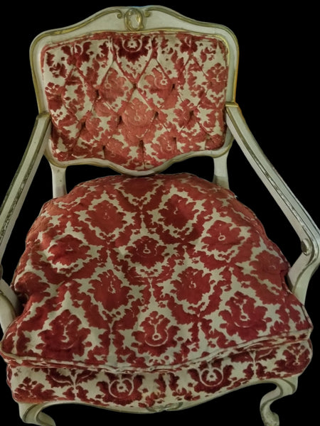 Hibriten French Arm Chair Red Granades Motif Applique Velvet Upholstery