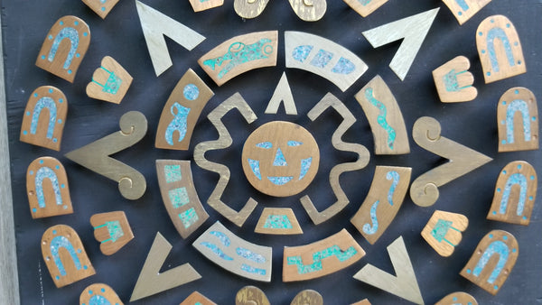 Mexican Folk Art Calendar Decorated Various Enamel Metals Turquoise