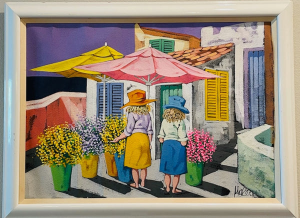 Contemporary Figurative Courtyard Expressionist Signed Gouache On Paper