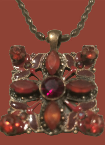 Mid Century Red Glass Filigree Enameled Pendant Copper Chain