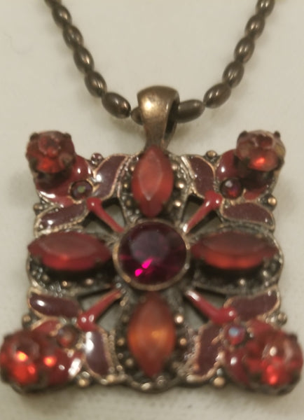 Mid Century Red Glass Filigree Enameled Pendant Copper Chain