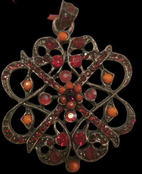 Coppertone Coral Pendant Glass Gems Openwork Filigree Design