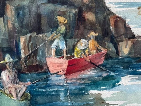 Watercolor Marine Gouache Signed L Hirsch Fisherman Boats People