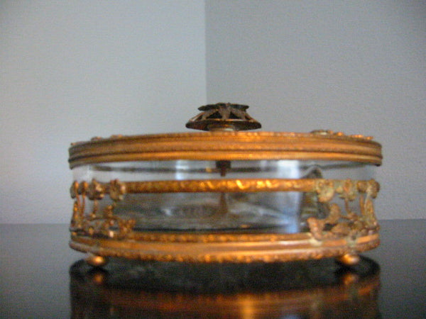 Brass Serving Relish Dish Divided Glass Insert Tray Ormolu Footed Floral Finial - Designer Unique Finds 
 - 4