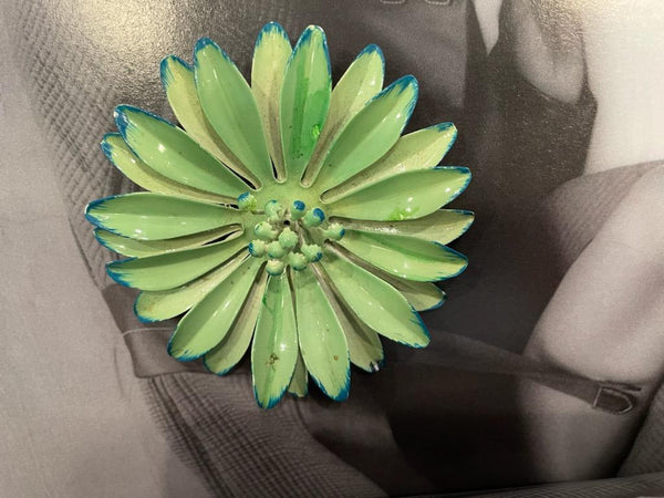 Mid Century Green Iris Flower Metal Brooch