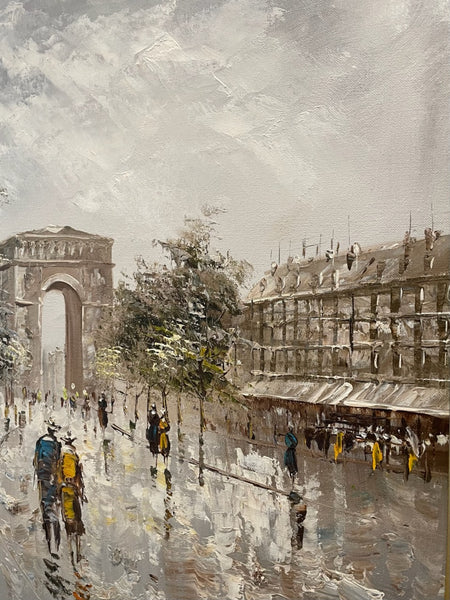 Paris Champs Elysees Impressionist Cityscape Oil On Canvas Signed Fontaine