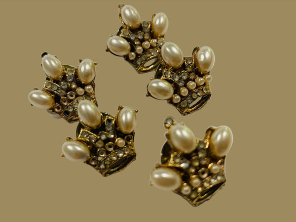 Crown Jeweled Pin Set Patented Tear Drop Pearls Crystals