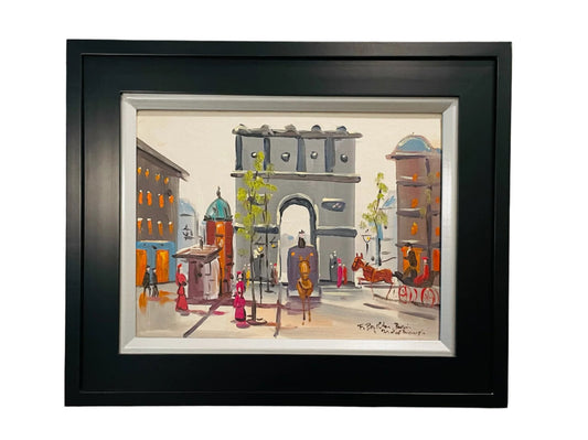 F Brighton Signed Impressionist Paris City View Arc de Triomphe Oil On Panel 