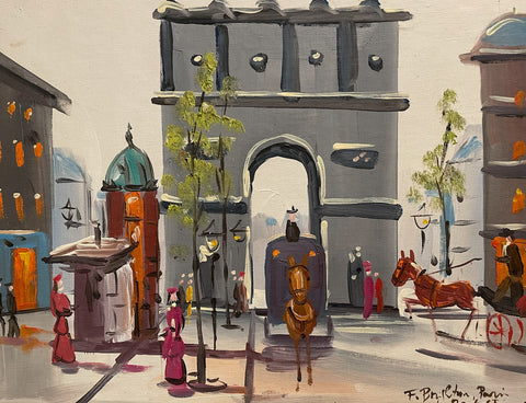 F Brighton Signed Impressionist Paris City View Arc de Triomphe Oil On Panel