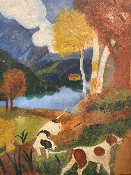 Impressionist Landscape Painting Two Dogs Oil On Board