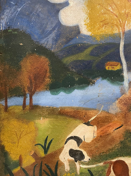 Impressionist Landscape Painting Two Dogs Oil On Board