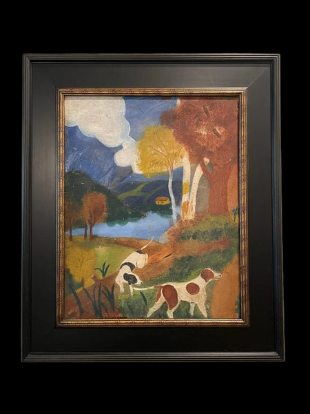 Impressionist Landscape Painting Two Dogs Oil On Board