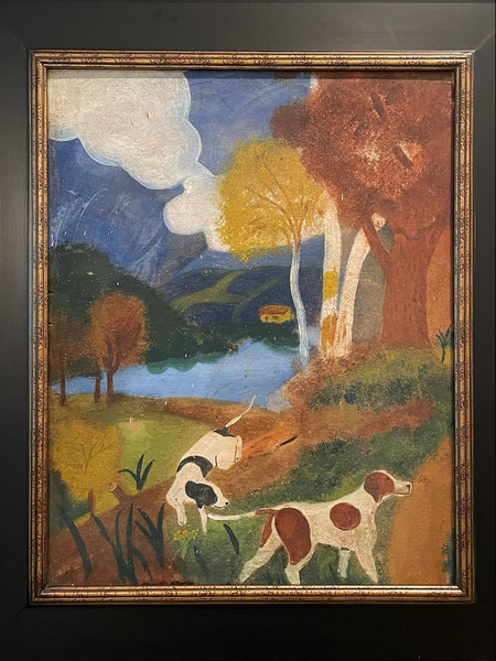 Impressionist Landscape Painting Two Dogs Oil On Board