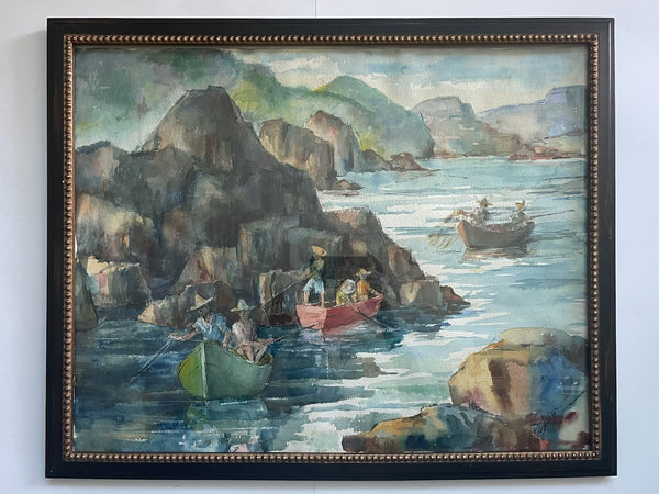 Watercolor Marine Gouache Signed L Hirsch Fisherman Boats People