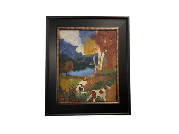 Impressionist Landscape Painting Two Dogs Oil On Board