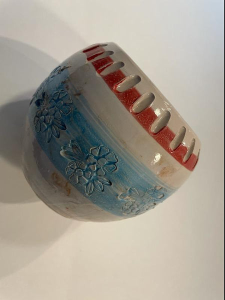 Italian Folk Art Contemporary Modernist Hand Painted Ceramic Bowl Red White Blue