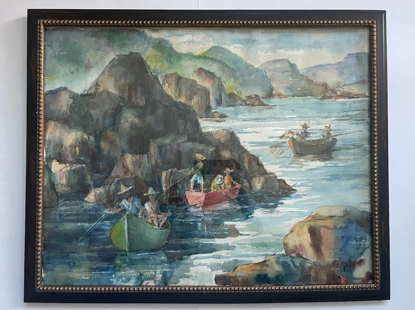 Watercolor Marine Gouache Signed L Hirsch Fisherman Boats People