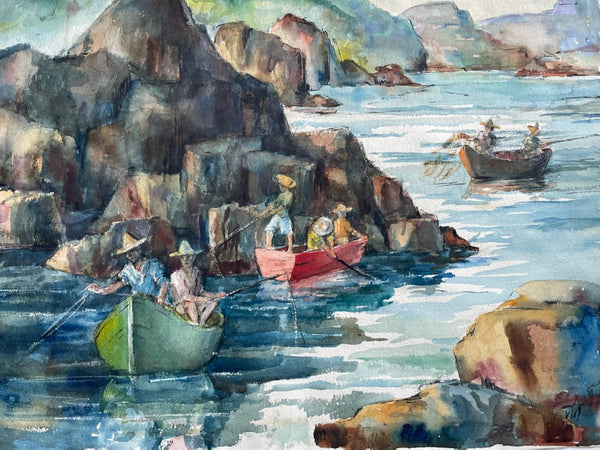 Watercolor Marine Gouache Signed L Hirsch Fisherman Boats People