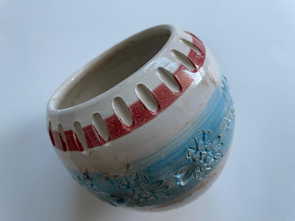 Italian Folk Art Contemporary Modernist Hand Painted Ceramic Bowl Red White Blue