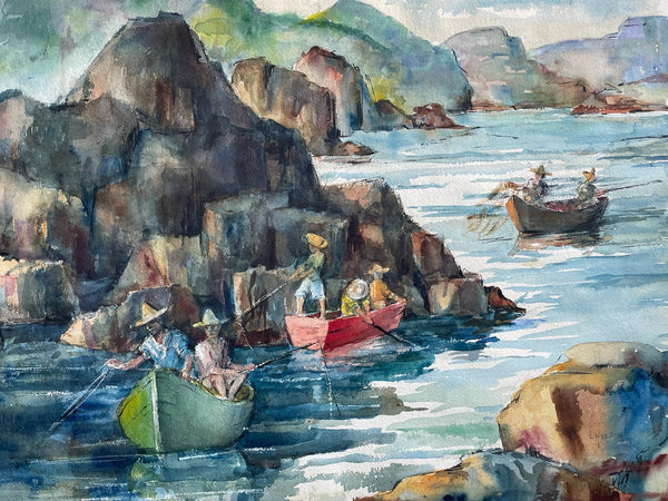 Watercolor Marine Gouache Art Signed L Hirsch Fisherman Boats People