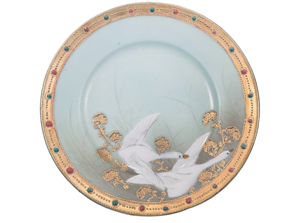 Antique Asian Porcelain Blue Plate Hand Painted Gold White Geese Beaded Rim