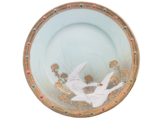 Antique Asian Porcelain Blue Plate Hand Painted Gold White Geese Beaded Rim