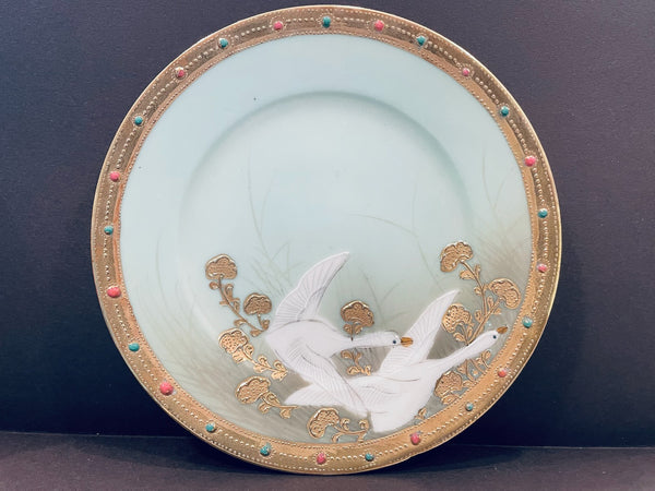 Antique Asian Hand Painted Gold White Geese Beaded Rim Porcelain Plate