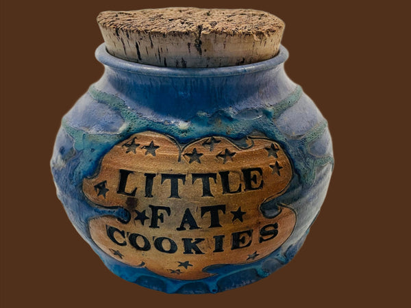 Little Fat Cookies Cork Lid Blue Stone Ground Artist Signed Ceramic Jar