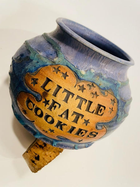 Little Fat Cookies Cork Lid Blue Stone Ground Artist Signed Ceramic Jar