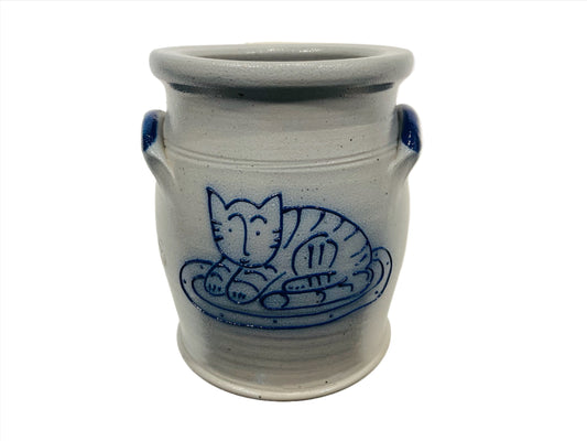 Cobalt Folk Art Enameled Cat Stoneware Salt Glaze Pot Signed Edith