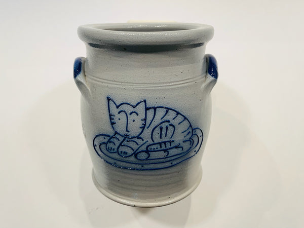 Cobalt Folk Art Blue Enameled Cat Stoneware Salt Glaze Pot Signed Edith