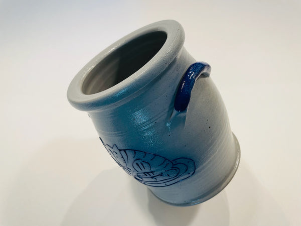 Cobalt Folk Art Blue Enameled Cat Stoneware Salt Glaze Pot Signed Edith