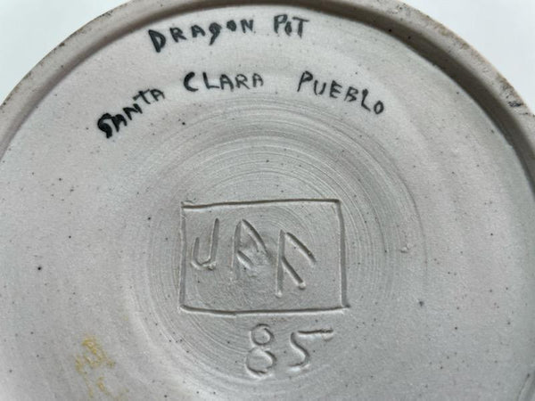 Dragon Pot Santa Clara Pueblo Signed JFF 85 Scripted Painted