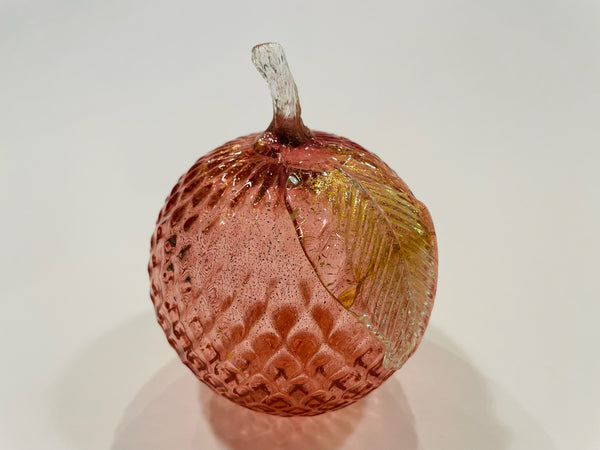 Murano Glass Apple Pink Texture Gold Stem Leaf Paperweight