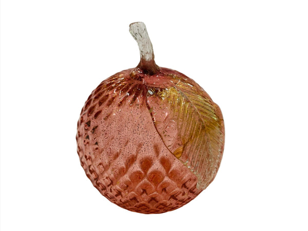 Murano Glass Apple Pink Texture Gold Stem Leaf Paperweight