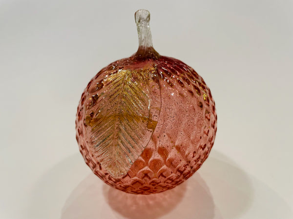 Murano Glass Apple Pink Texture Gold Stem Leaf Paperweight